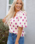 Polka Dot Shirred Notched Neck Balloon Sleeve Blouse