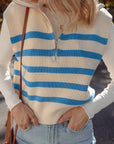Stripe Ribbed Half-Zip Collar Sleeveless Sweater