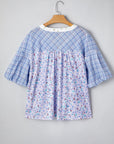 Colorblock Plaid Patchwork Bubble Sleeve Blouse