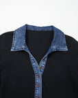 Denim Polo Collar Waffle Knit Patchwork Top