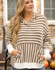 Plus Size Stripe Quarter Buttoned Drop Sleeve Hoodie