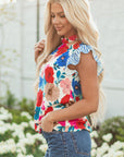 Ainara Floral Mock Neck Striped Flutter Sleeve Blouse