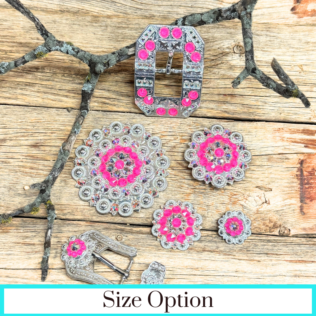 Bright Silver Neon Pink - AB Crystal Conchos - Sizes from 1"- 3" and Buckles