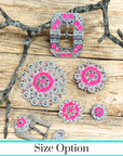 Bright Silver Neon Pink - AB Crystal Conchos - Sizes from 1"- 3" and Buckles