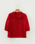 Solid Frilled Bow Tie V-Neck 3/4 Sleeve Blouse