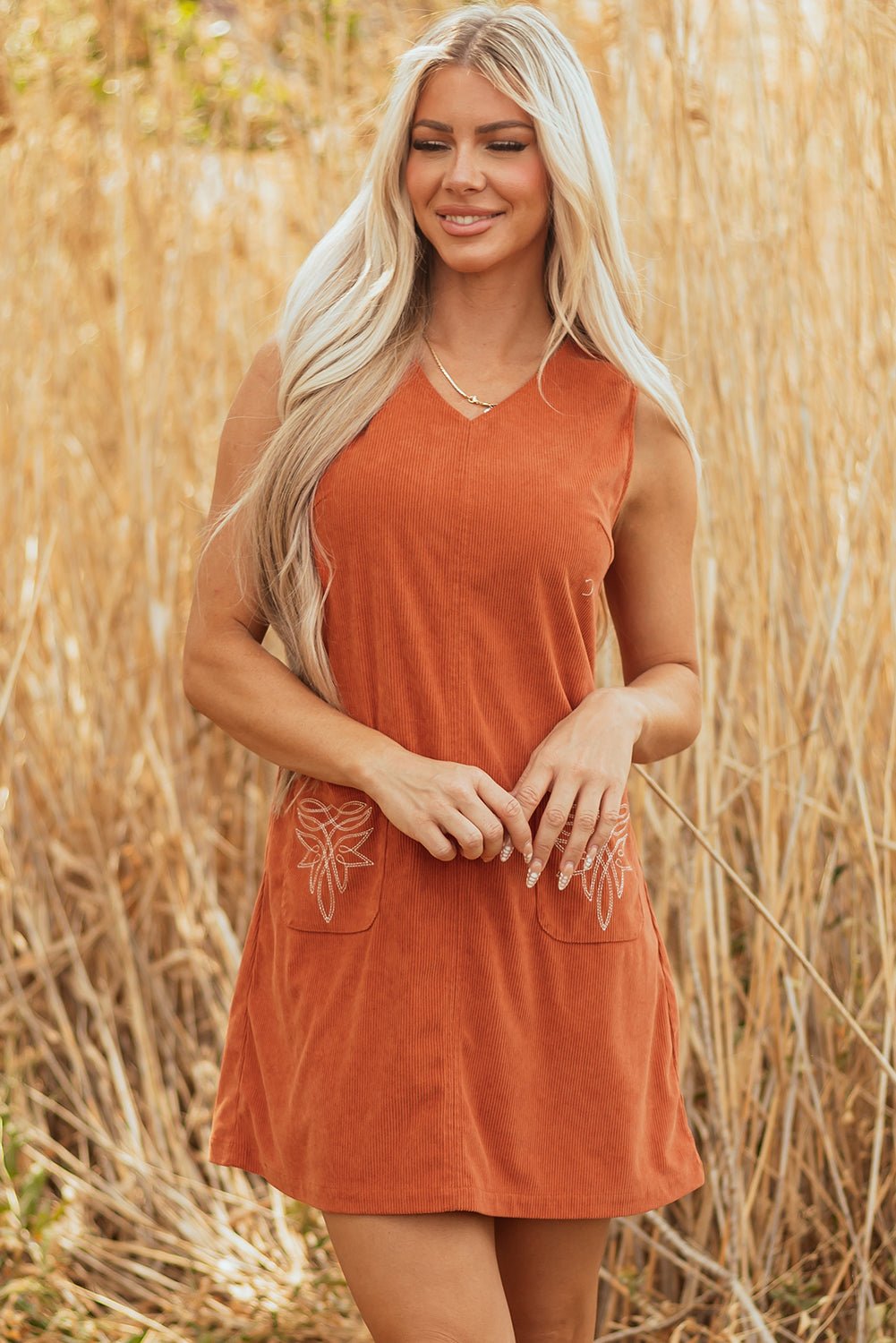Molly Corduroy Western Embroidered Patched Pocket Mini Dress