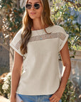 Crochet Insert Crinkle Gauze Short Sleeve Blouse