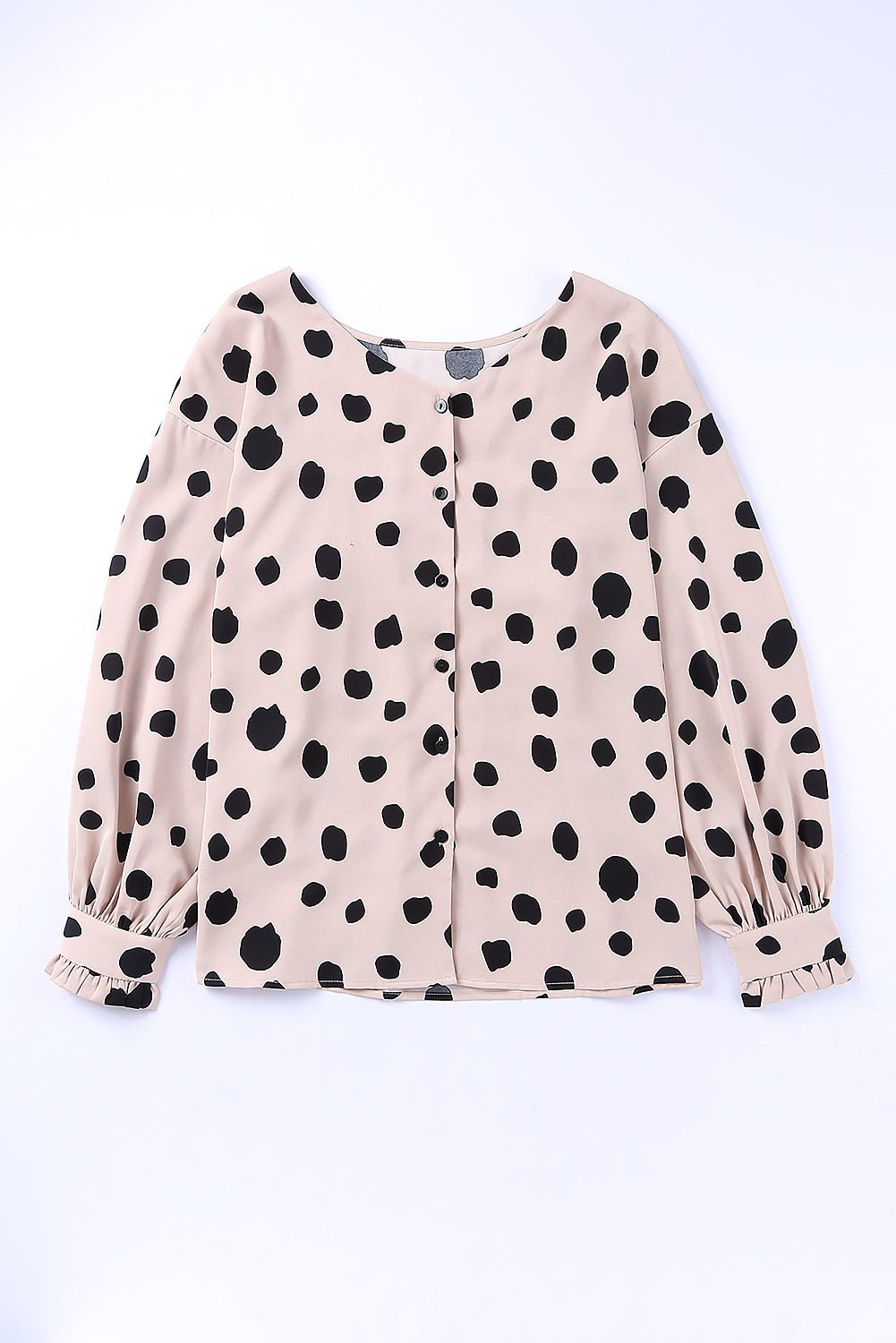 Dotted Buttoned V-Neck Frilled Puff Sleeve Blouse