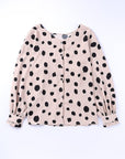 Dotted Buttoned V-Neck Frilled Puff Sleeve Blouse