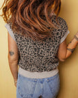 Leopard Zip-Up Collared Cap Sleeve Top