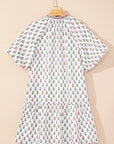 Floral Bubble Sleeve Tie Neck Ruffle Hem Dress