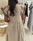 Stripe Ruffle Short Sleeve V-Neck Midi Dress