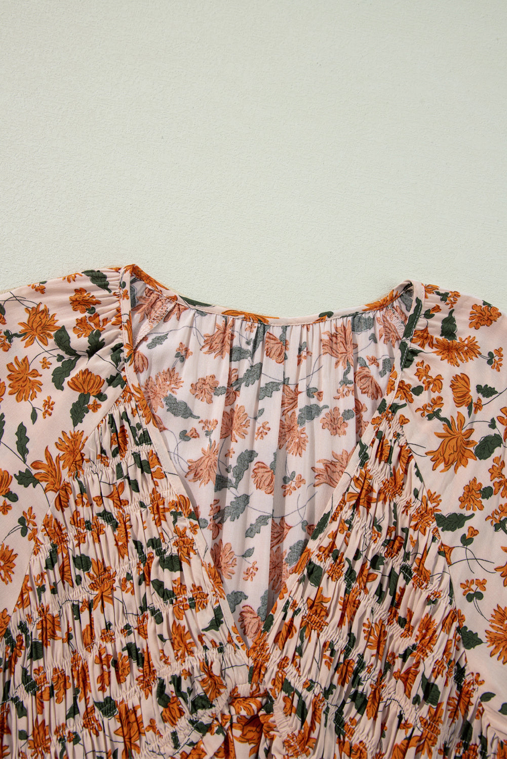 Floral Smocked V-Neck Bubble Sleeve Babydoll Dress