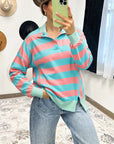 Colorblock Stripe Buttoned Collar Side Slit Top