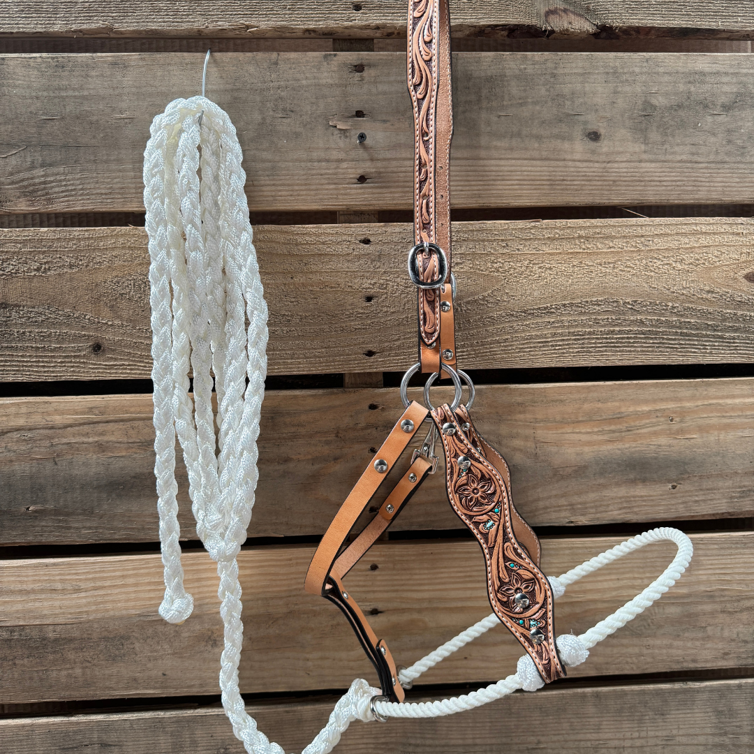 White Floral Tooled Lariat &amp; Leather Combo Halter