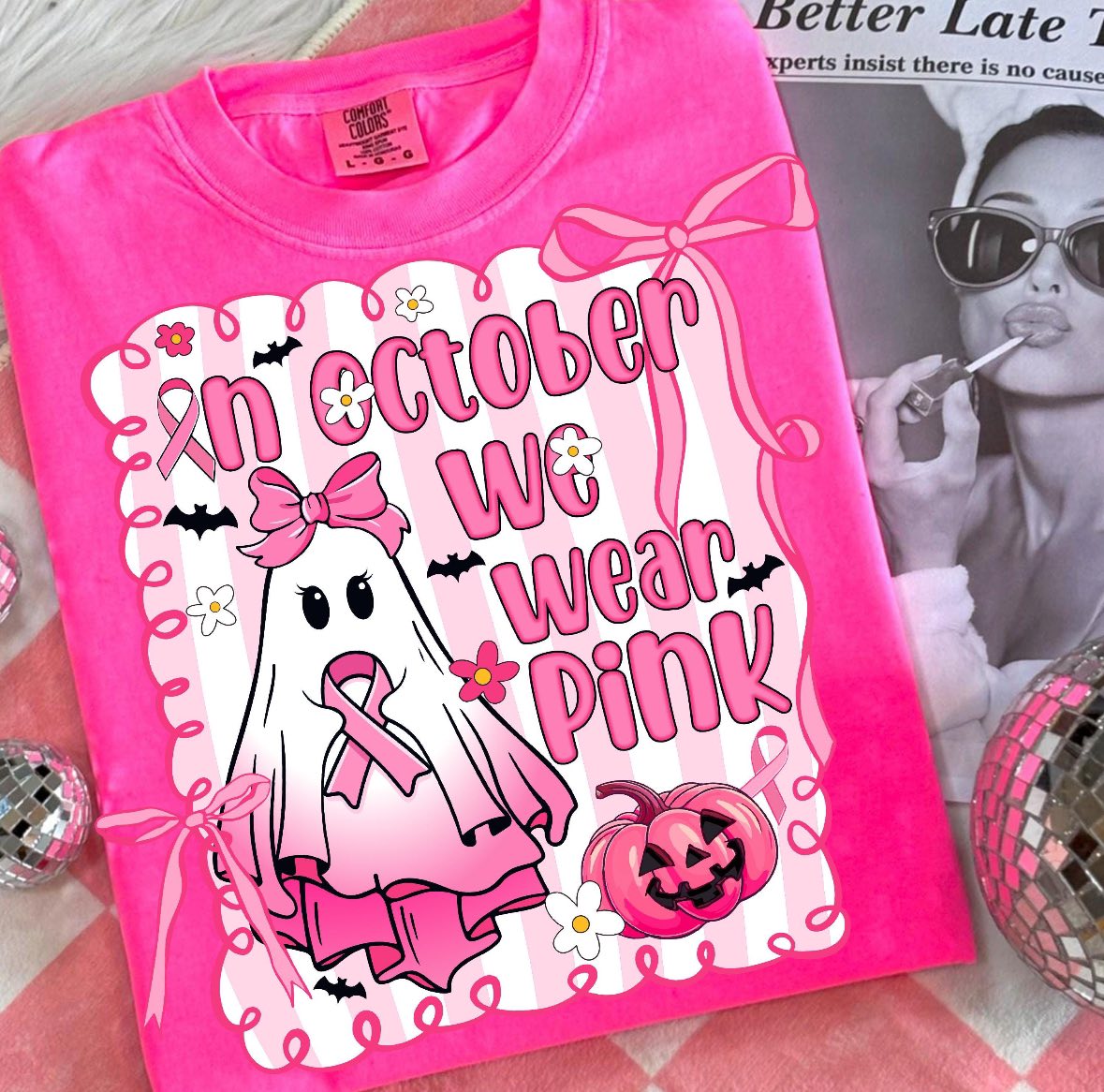 In October we wear pink ghost with bow &amp; stripes Tee or Sweatshirt