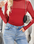 Sheer Mesh Patchwork High Neck Long Sleeve Top