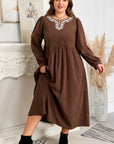 Plus Size Textured Corduroy Embroidered Neckline Midi Dress