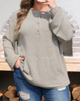 Plus Size Ribbed Knit Kangaroo Pocket Henley Top