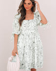 Floral Square Neck Shirred Back Mini Dress