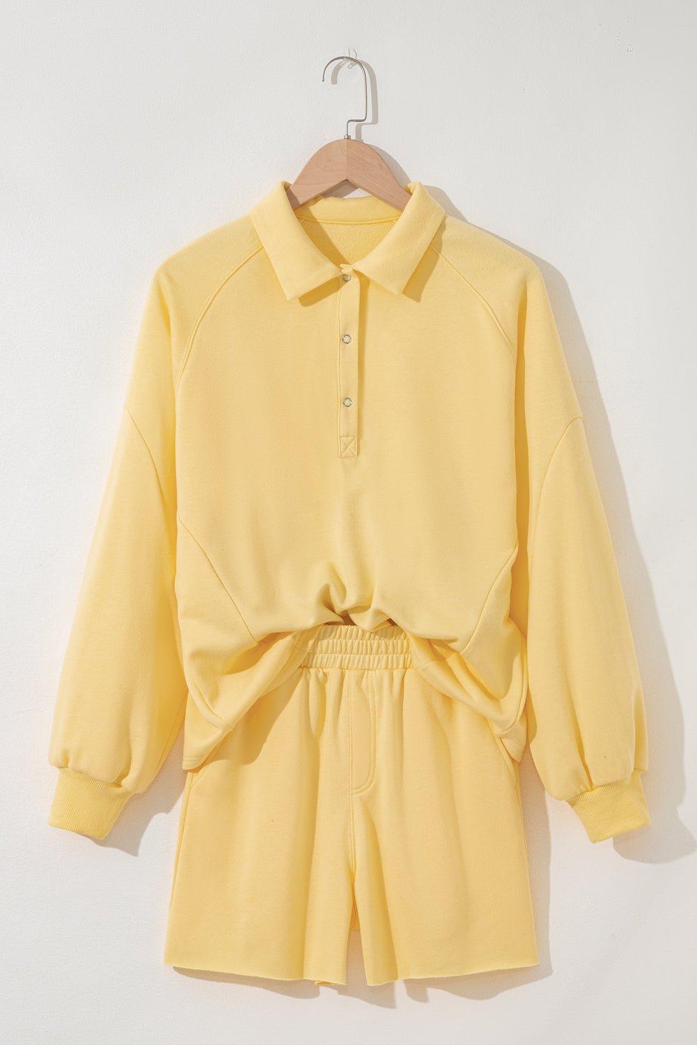 Solid Buttoned Collar Pullover &amp; Shorts Set