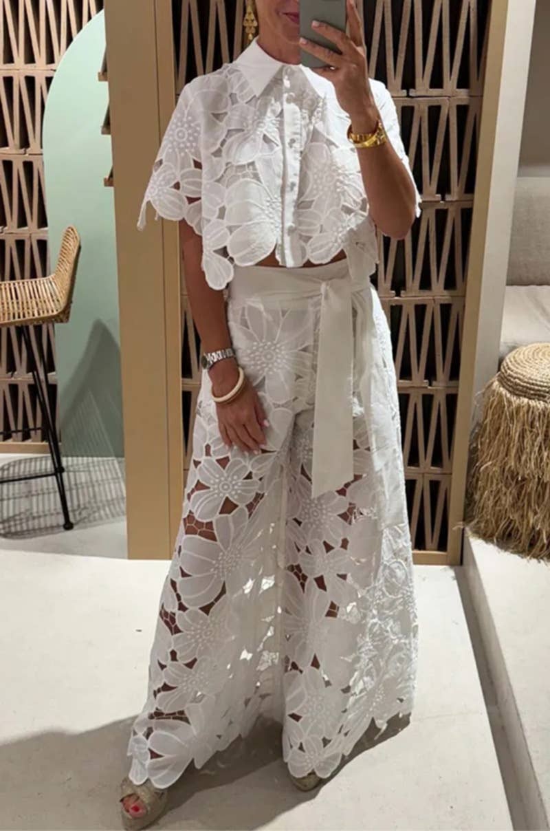 Crochet Floral Lace Button-down shirts &amp; wide leg pant set