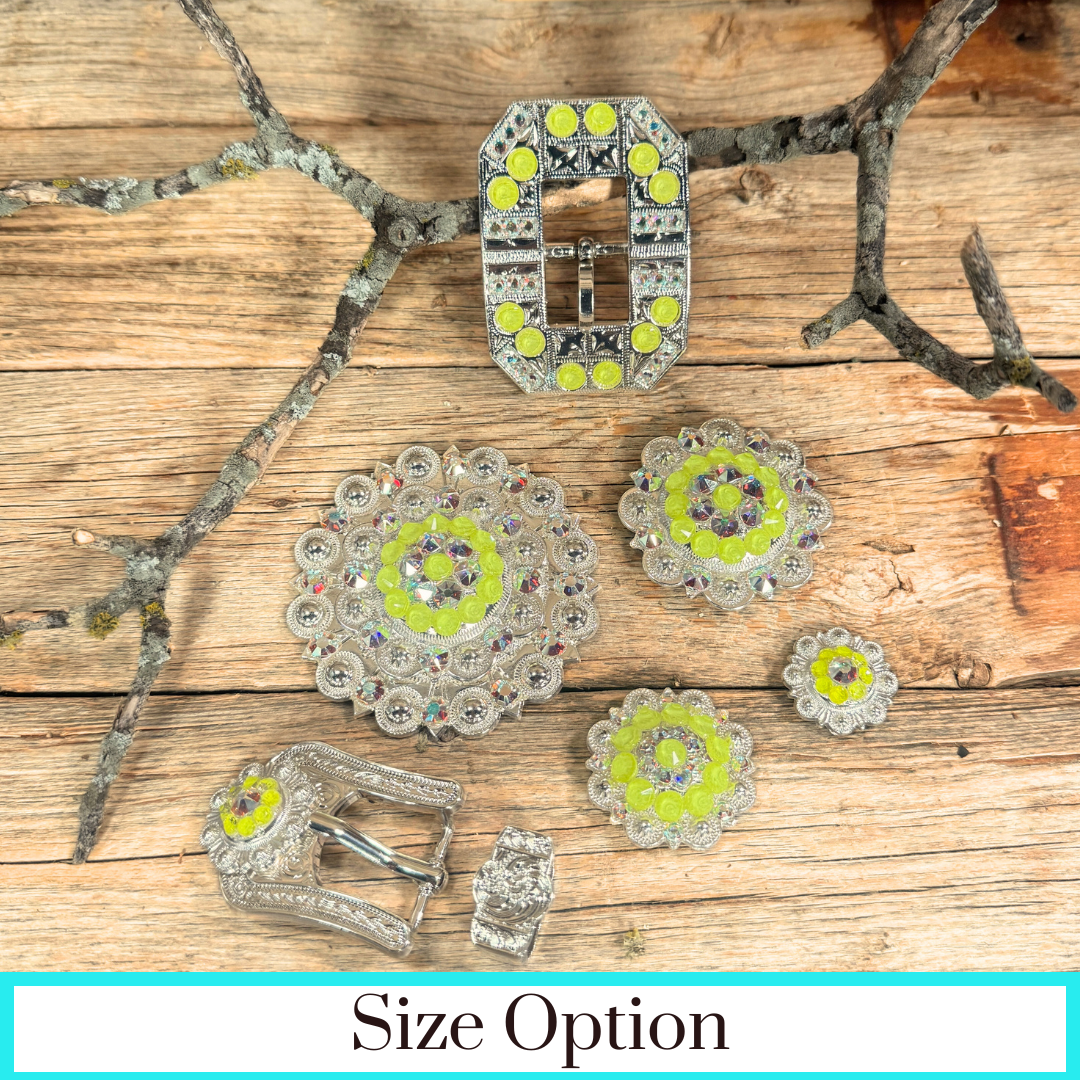 Bright Silver Neon Yellow - AB Crystal Conchos - Sizes from 1"- 3" and Buckles