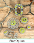 Bright Silver Neon Yellow - AB Crystal Conchos - Sizes from 1"- 3" and Buckles