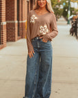 Floral Patchwork V-Neck Long Sleeve Top