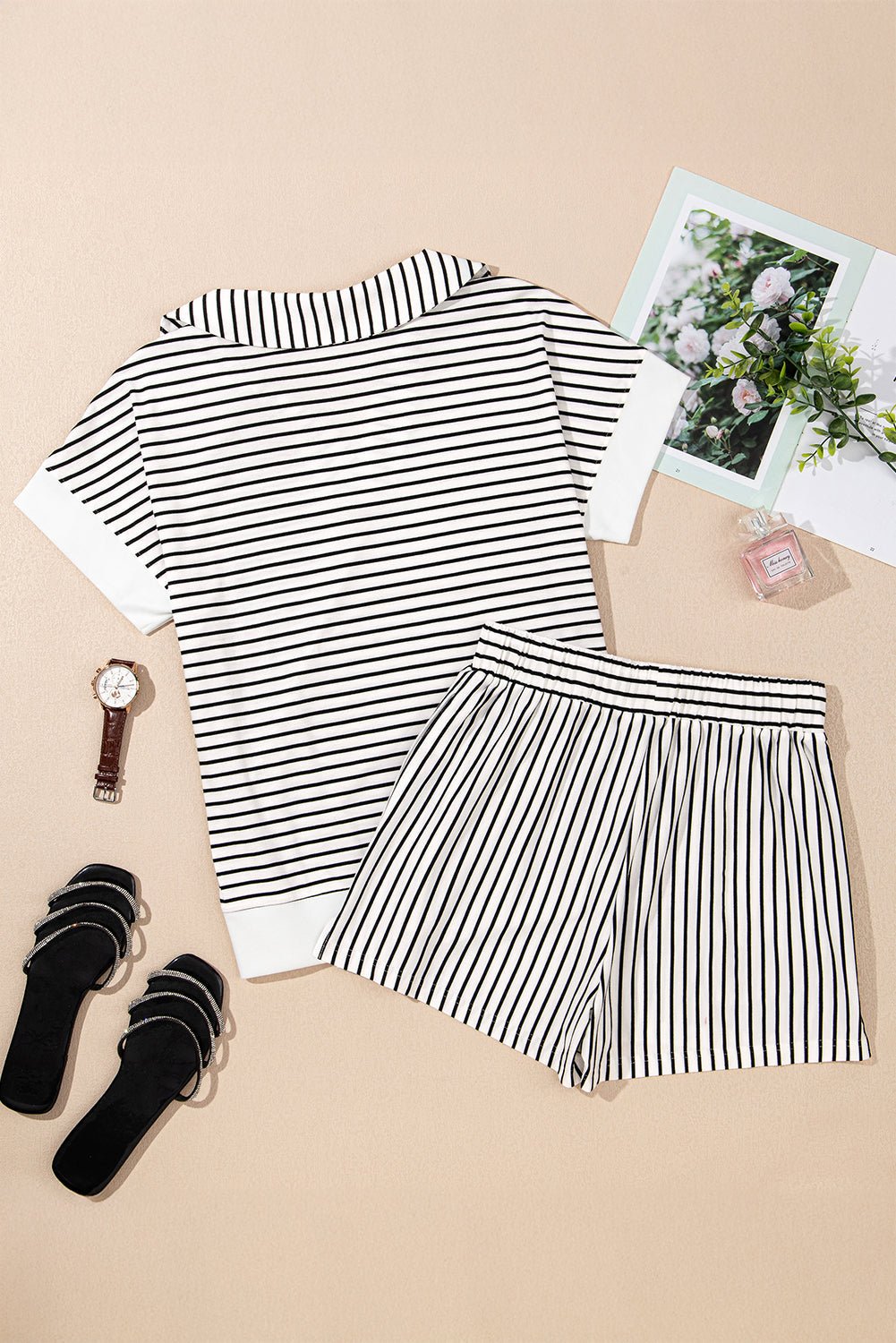 Stripe Collared V-Neck Tee &amp; Shorts Set