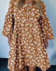 Plus Size Floral Split Neck Button Puff Sleeve Dress