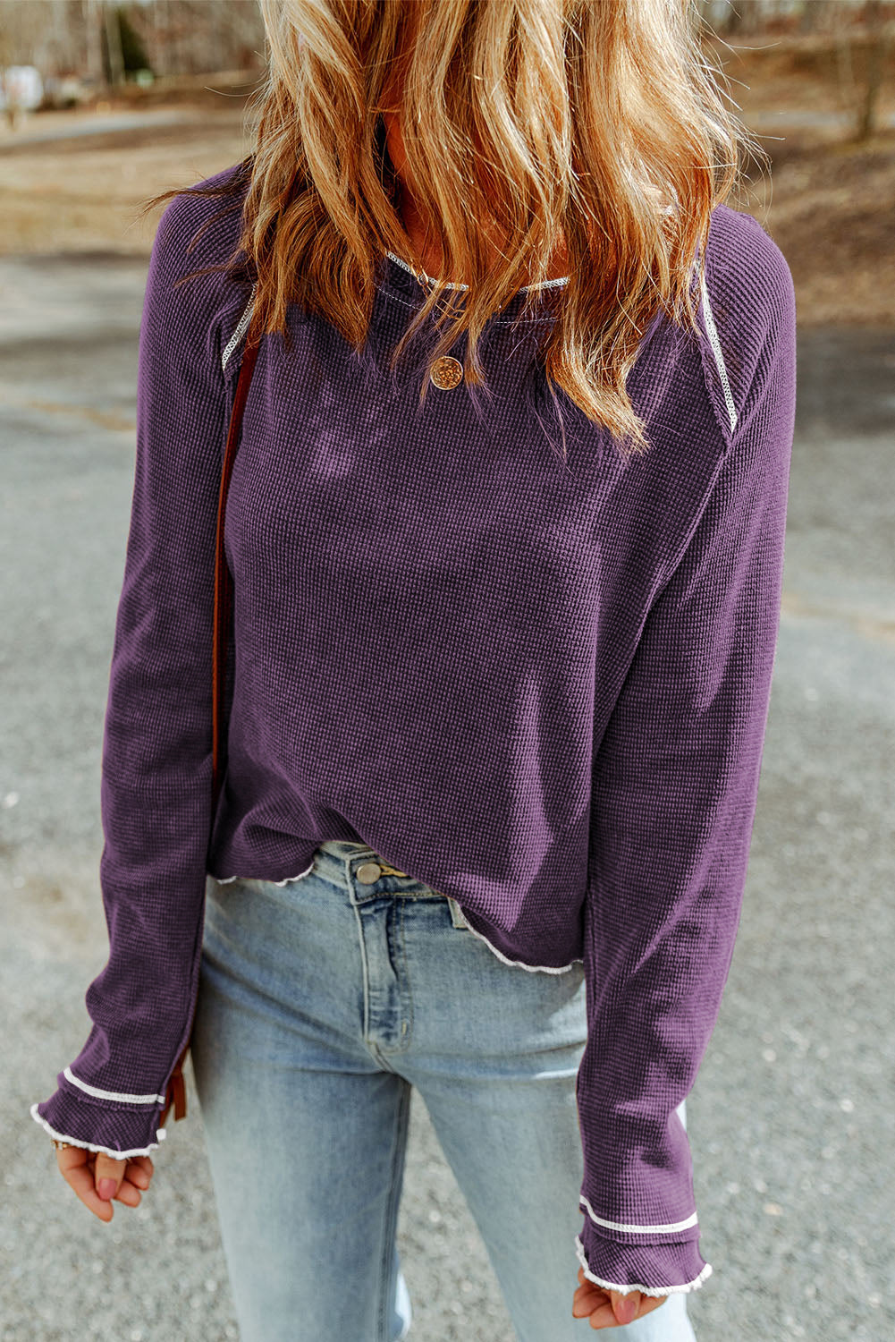 Solid Waffle Knit Round Neck Long Sleeve Top