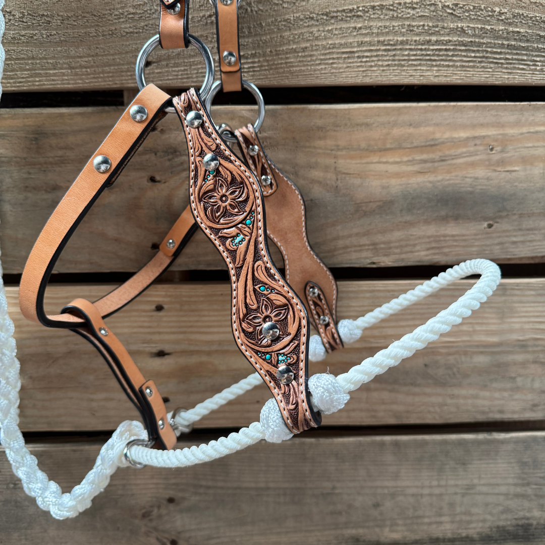 White Floral Tooled Lariat &amp; Leather Combo Halter