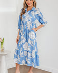 Floral Button-Front 3/4 Sleeve Ruffle Hem Dress