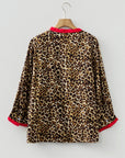 Leopard Contrast Ruffle Trim Buttoned V-Neck Shirt