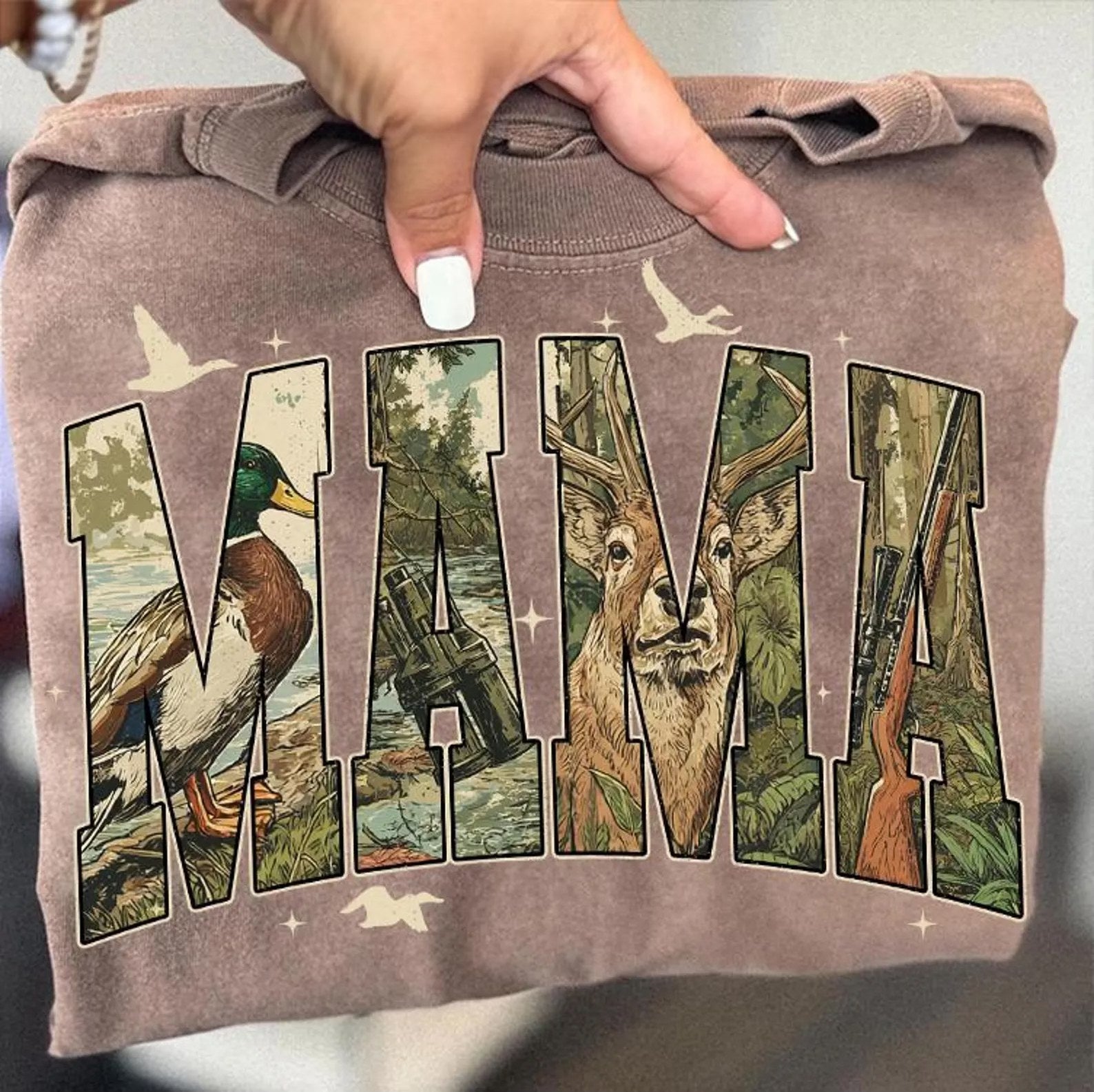 Mama deer camo, gun, &amp; duck hunting tee or sweatshirt