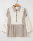 Plus Size Stripe Colorblock Patchwork Half-Button Blouse