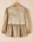 Metallic Tie Front 3/4 Puff Sleeve Peplum Blouse