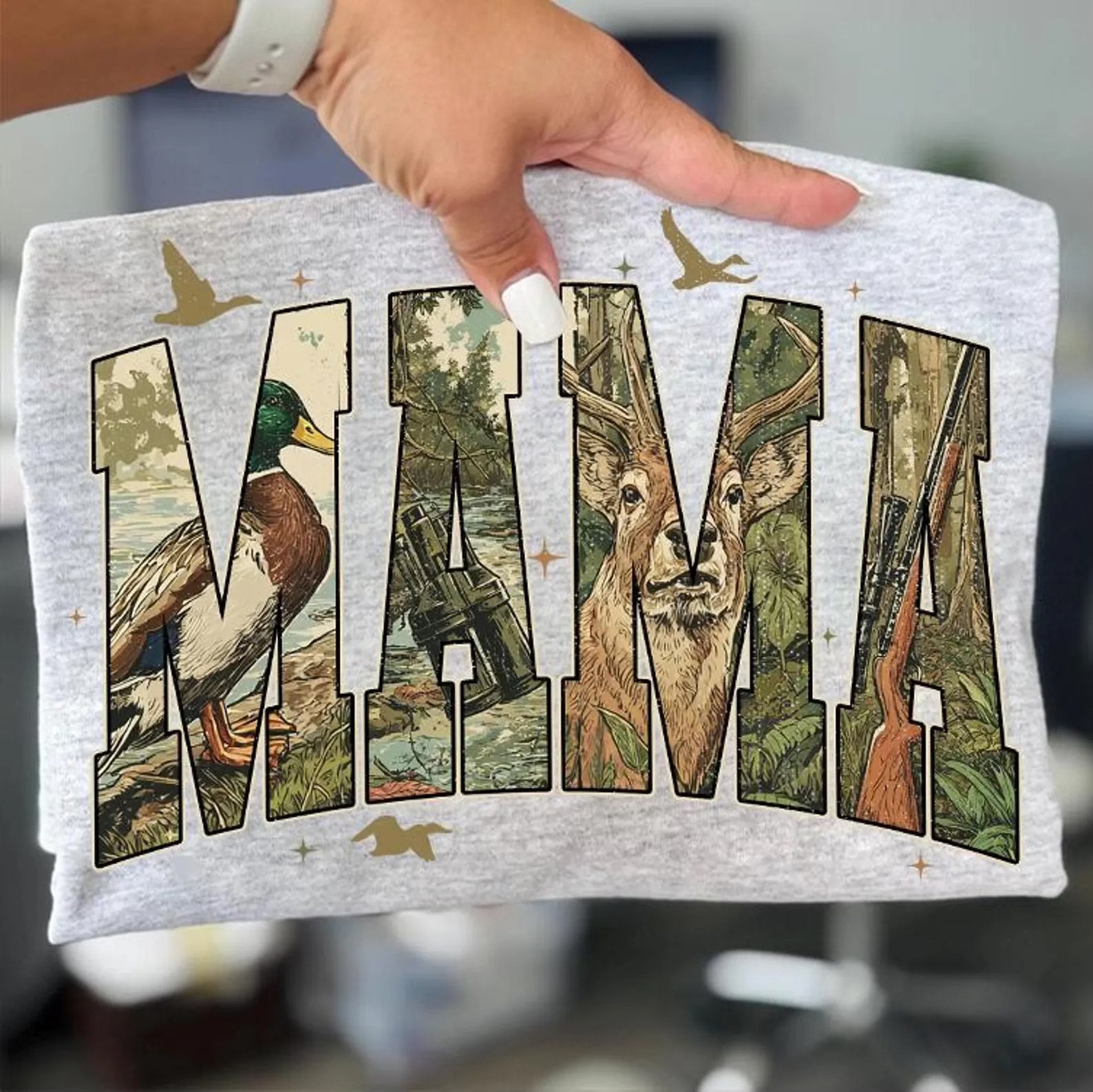 Mama deer camo, gun, &amp; duck hunting tee or sweatshirt
