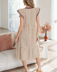 Stripe Ruffle Short Sleeve V-Neck Midi Dress
