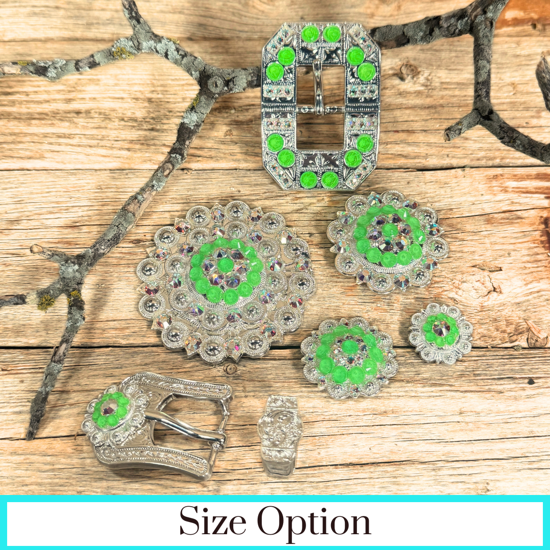 Bright Silver Neon Green - AB Crystal Conchos - Sizes from 1"- 3" and Buckles
