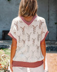 Flower Embroidered Colorblock Edge Hollowed Sweater
