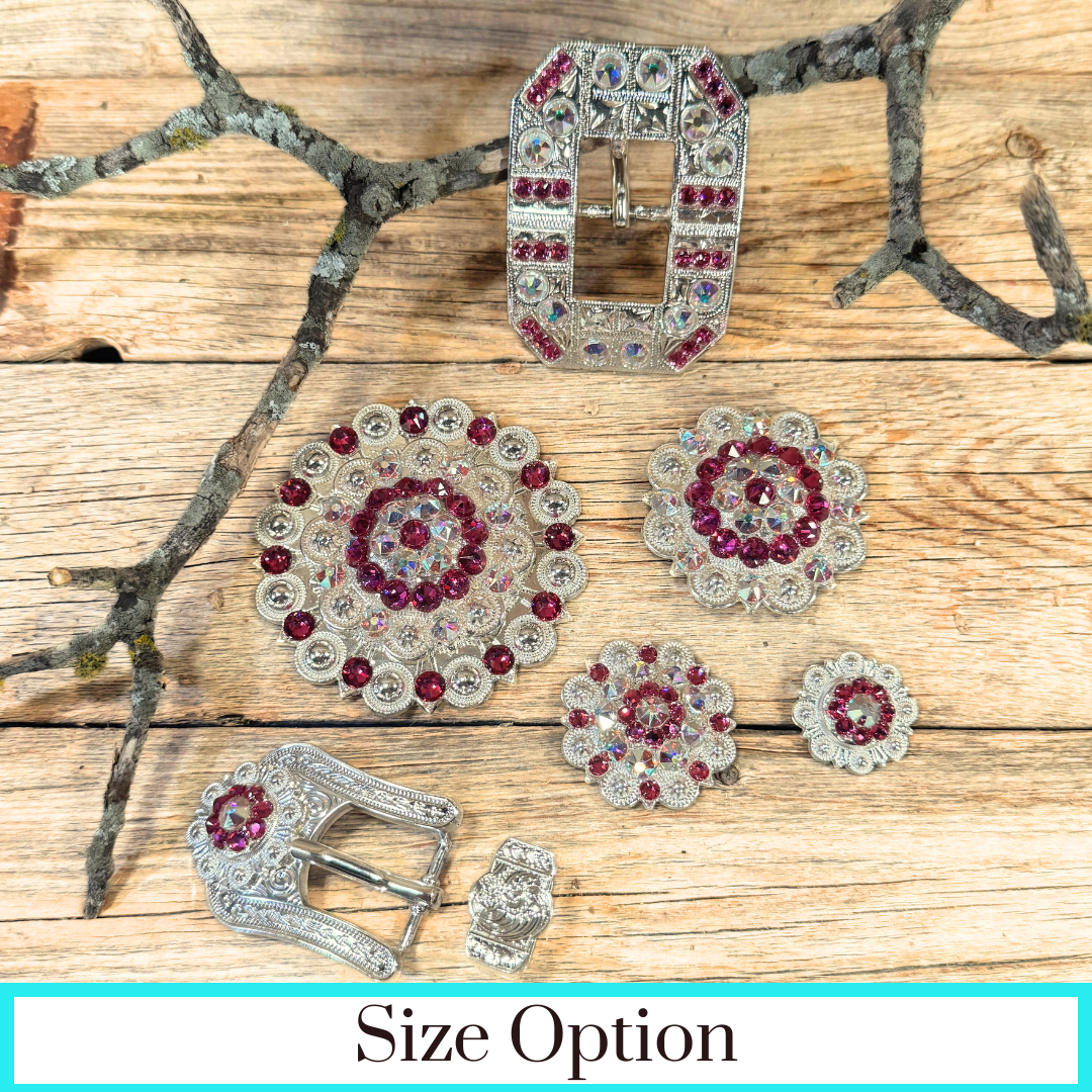 Bright Silver Fuchsia - AB Crystal Conchos - Sizes from 1"- 3" and Buckles