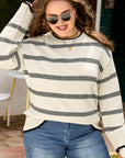 Plus Size Stripe Wide Sleeve Crewneck Sweater