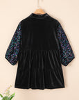 Velvet Sequin Puff Sleeve Buttoned Peplum Shirt