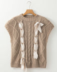 Colorblock Satin Bow Cable Knit Short Sleeve Sweater