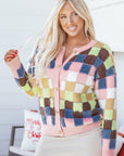 Checker Textured Knit Button Front Cardigan Sweater
