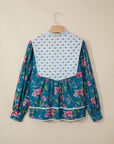 Floral Stripe Patchwork Long Puff Sleeve Blouse
