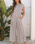 Paisley Checkered Buttoned Crew Neck Wide Leg Jumpsuit