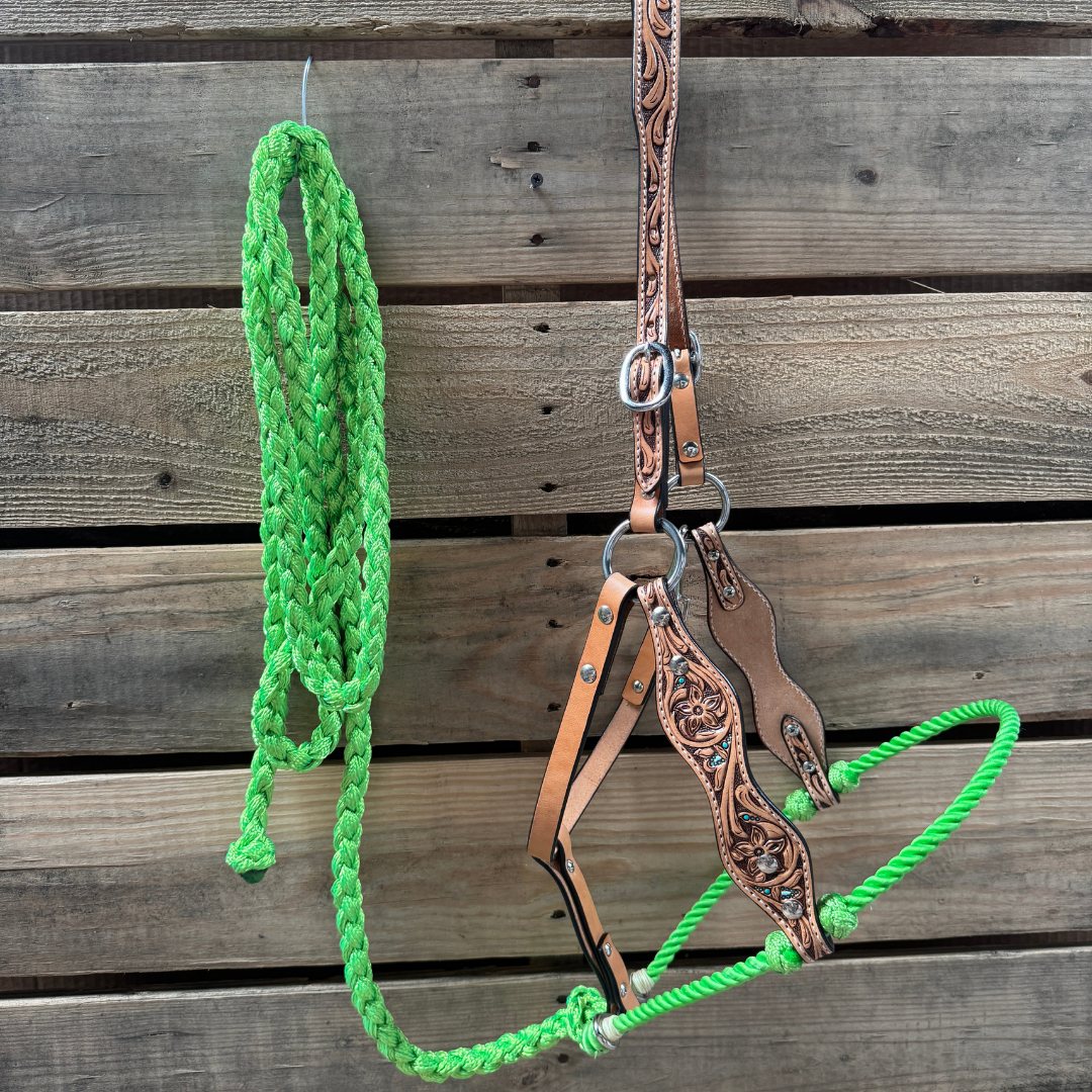 Lime Floral Tooled Lariat &amp; Leather Combo Halter